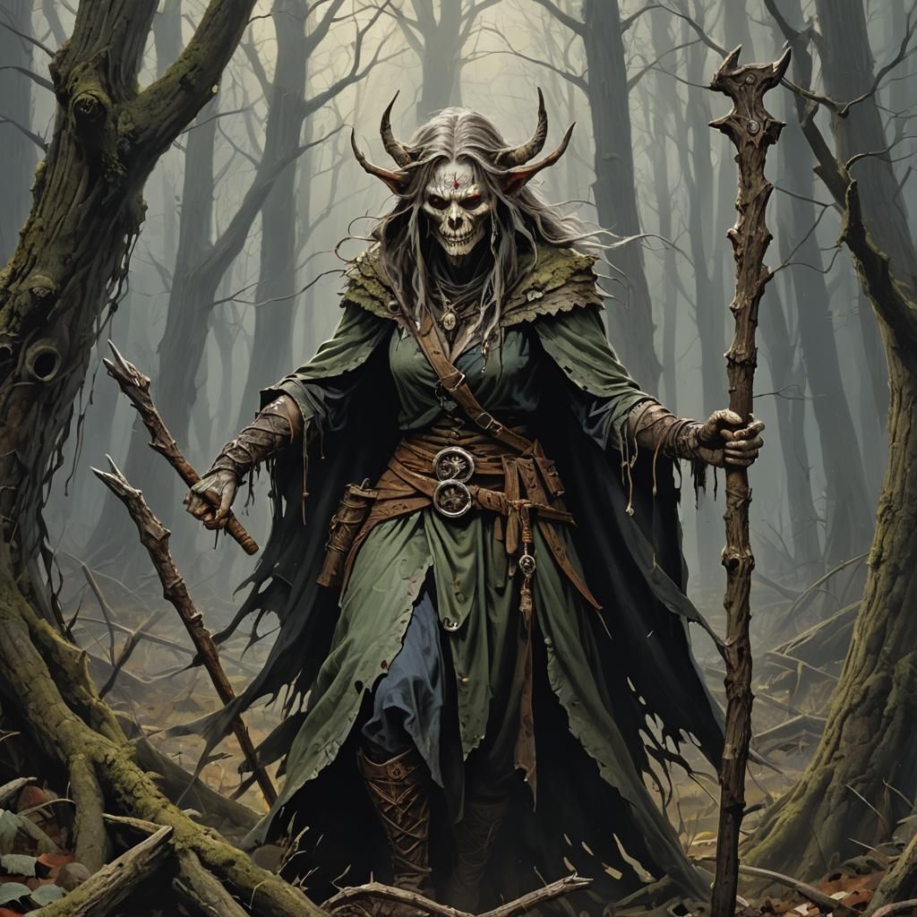 Sinister Hag Druid with Staff, Greg Rutkowski Style