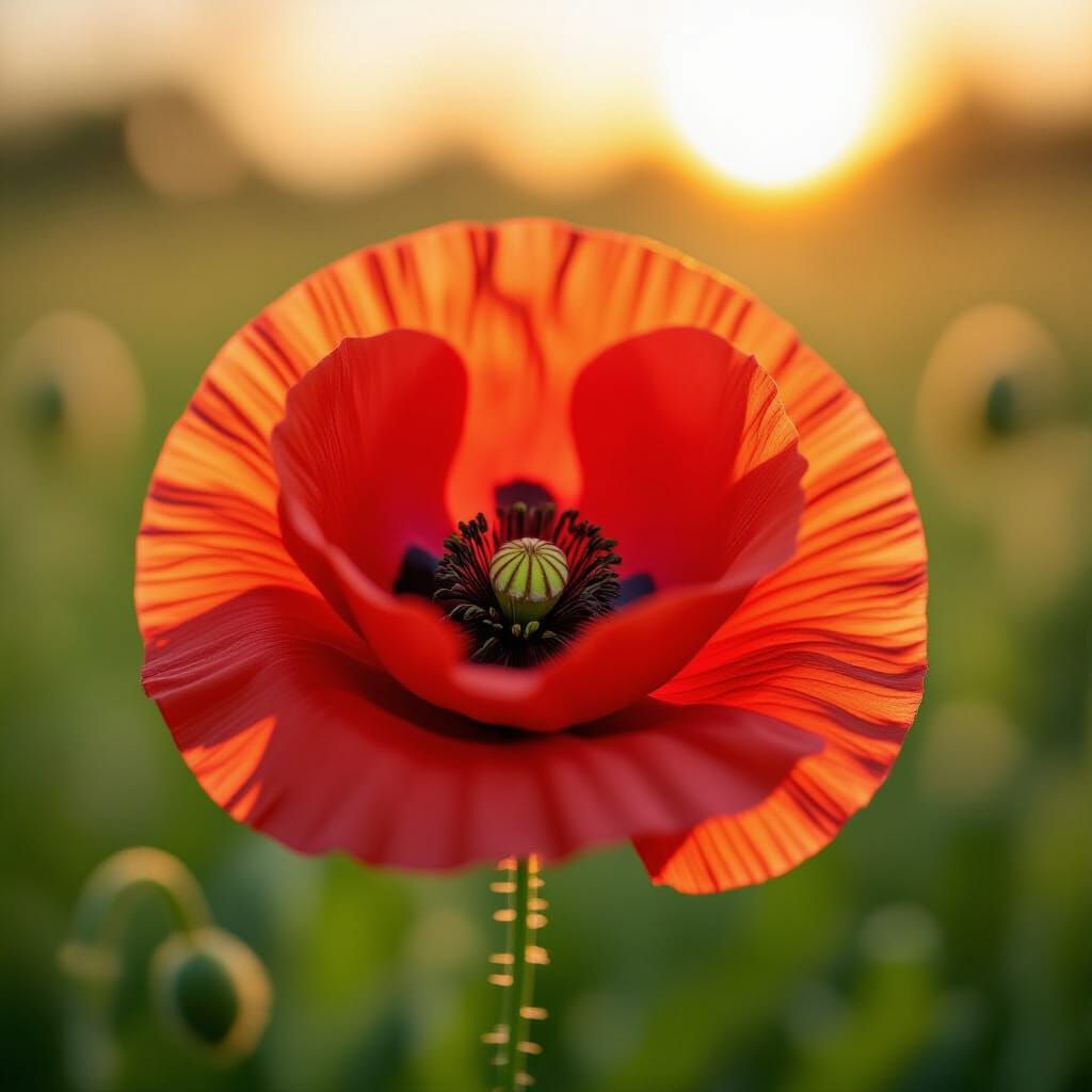 Smiling Poppy Flower in Golden Hour Sunlight