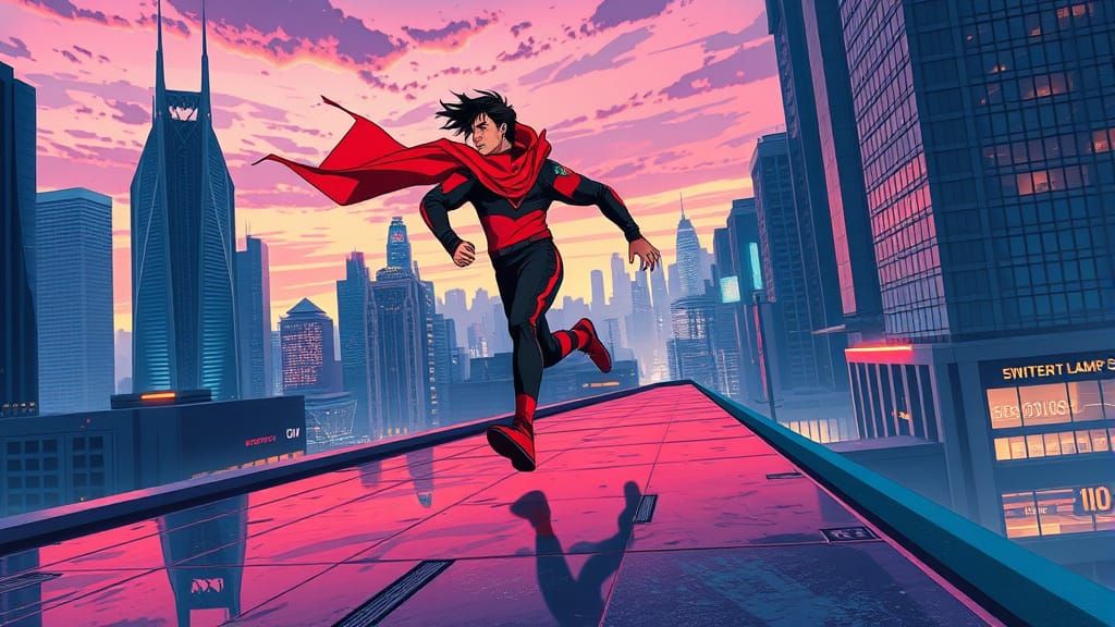 Futuristic Runner Leaps Across Neon City Rooftops