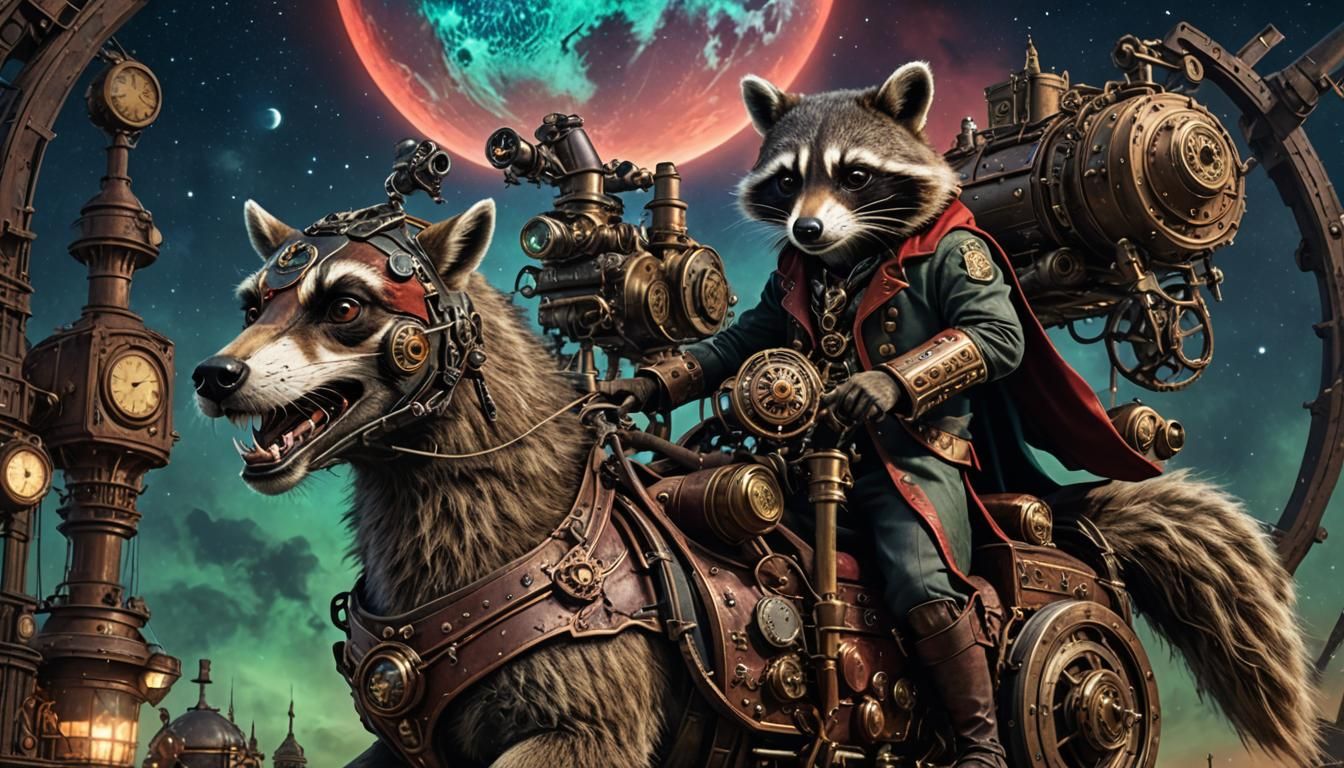 Steampunk Raccoon Cavalry on Mechanized Horse
