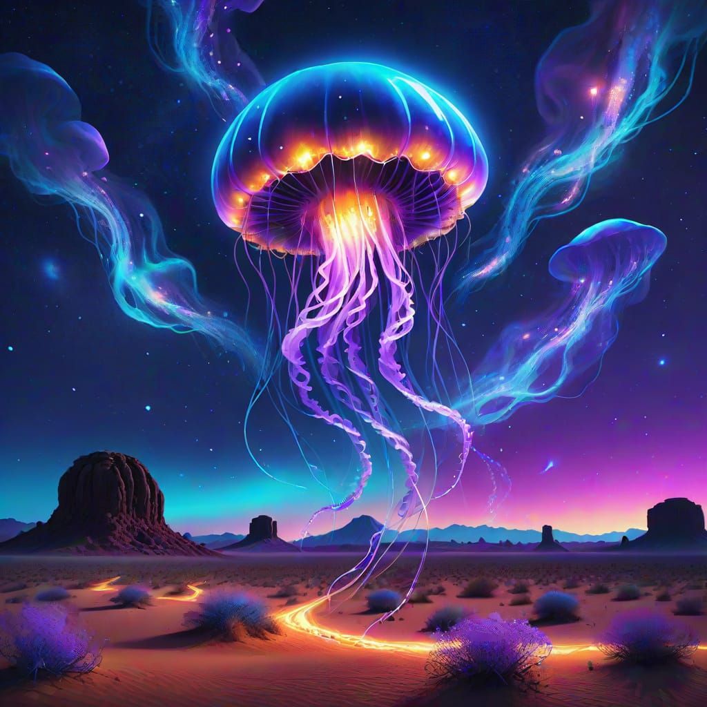 Ethereal Alien Jellyfish Blazes Across Nocturnal Desert Sky