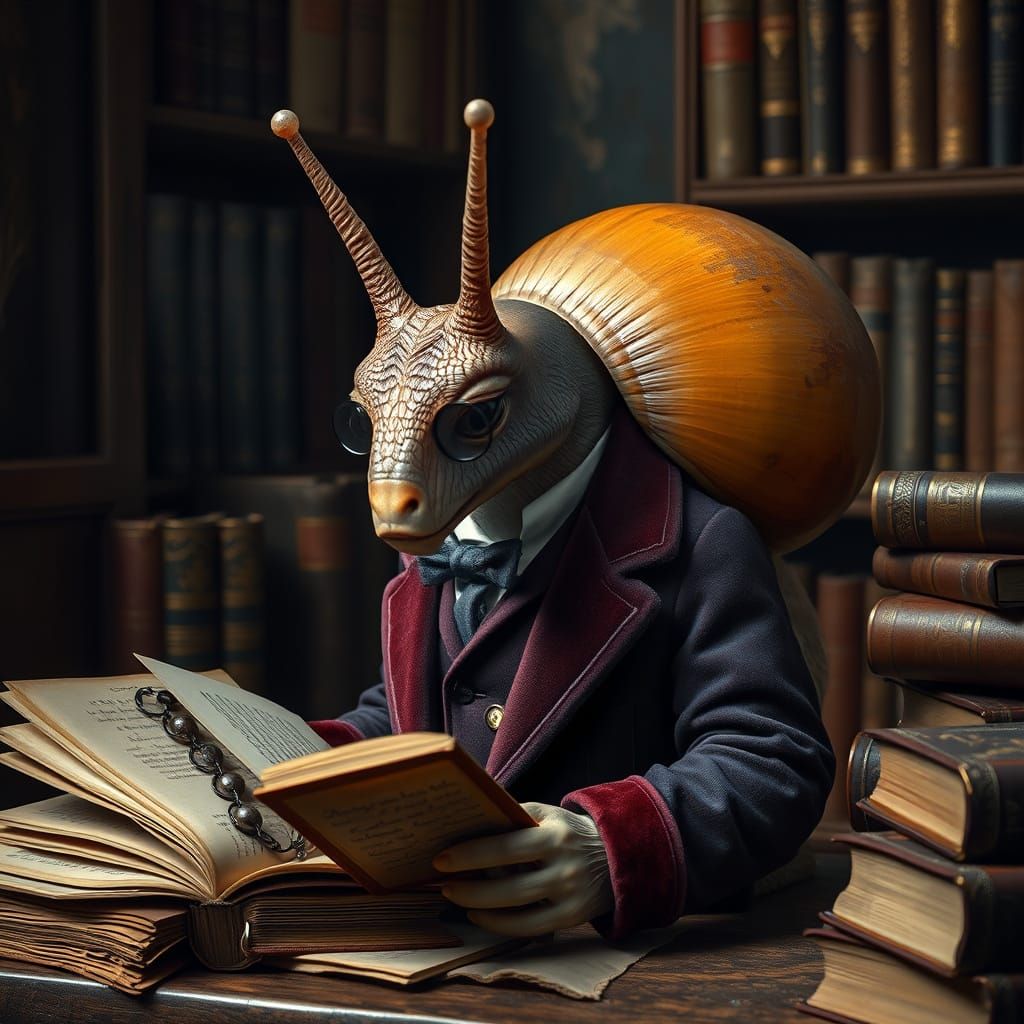Renaissance Snail Scholar in Dimly Lit Library