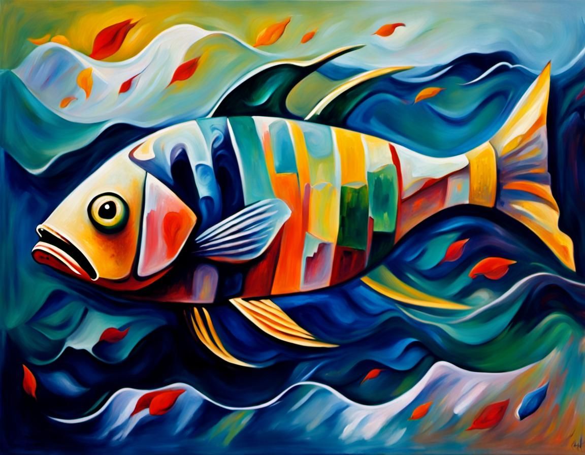 Expressionist Fish in Marine Hues as Oil Painting