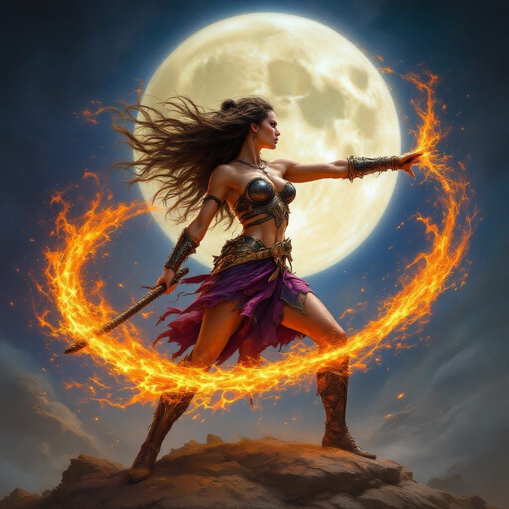 Epic Warrior Goddess with Flaming Whip Under Full Moon