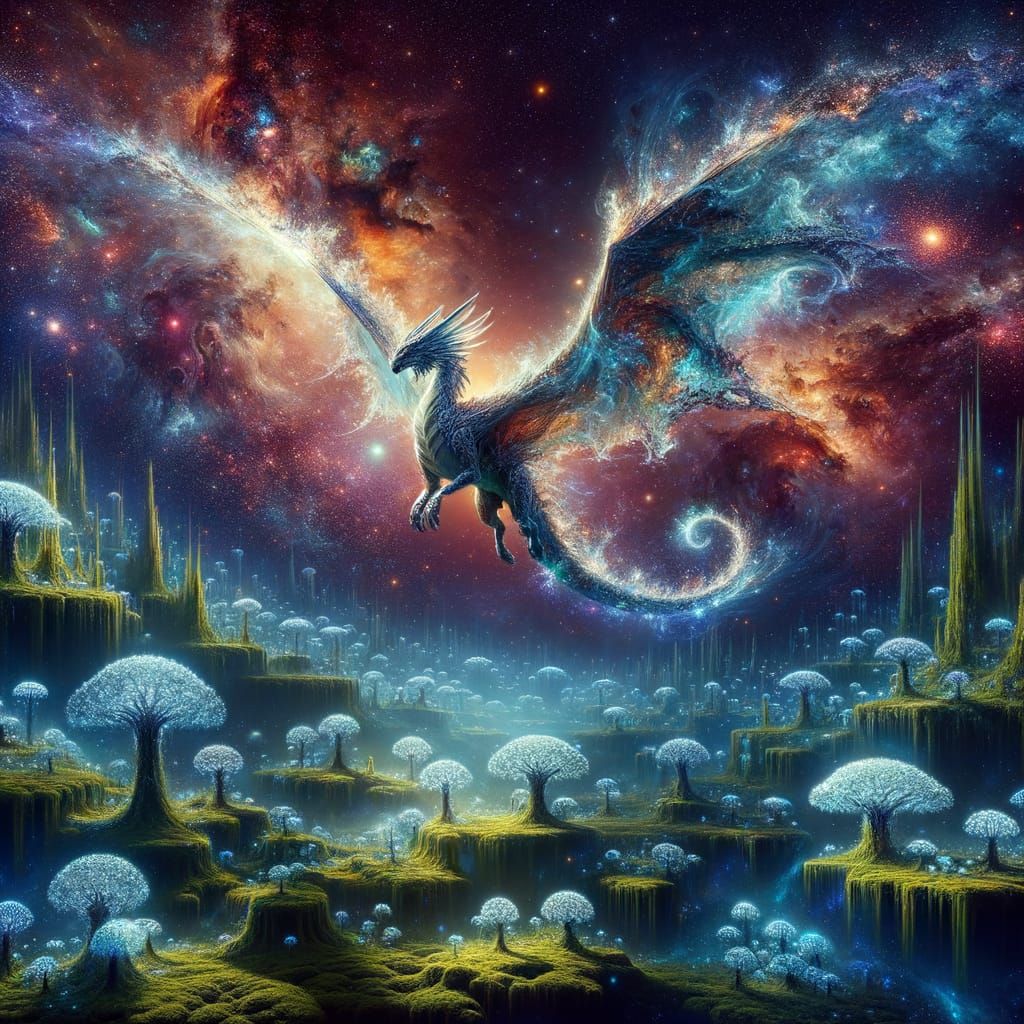 Nebula Dragon Over Alien Forest in Conceptual Art Style