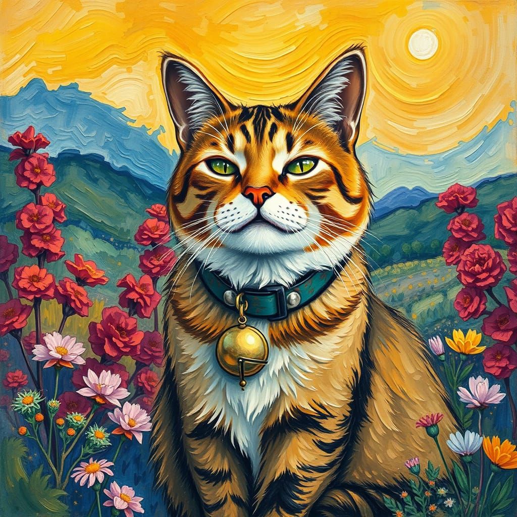 Cat in Dreamy Landscape as Impasto Gouache