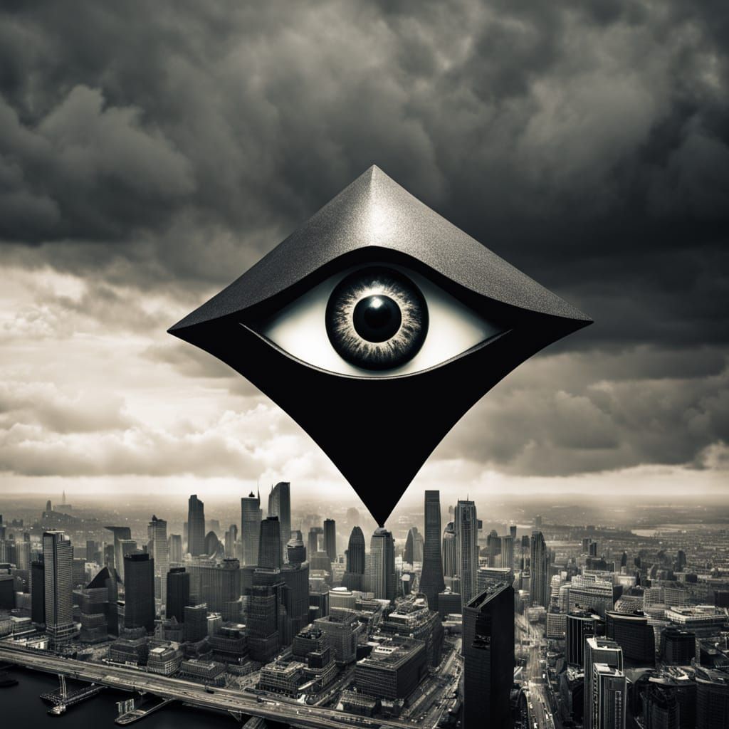 Enigmatic Floating Eye Sculpture Towers Over Dark Cityscape