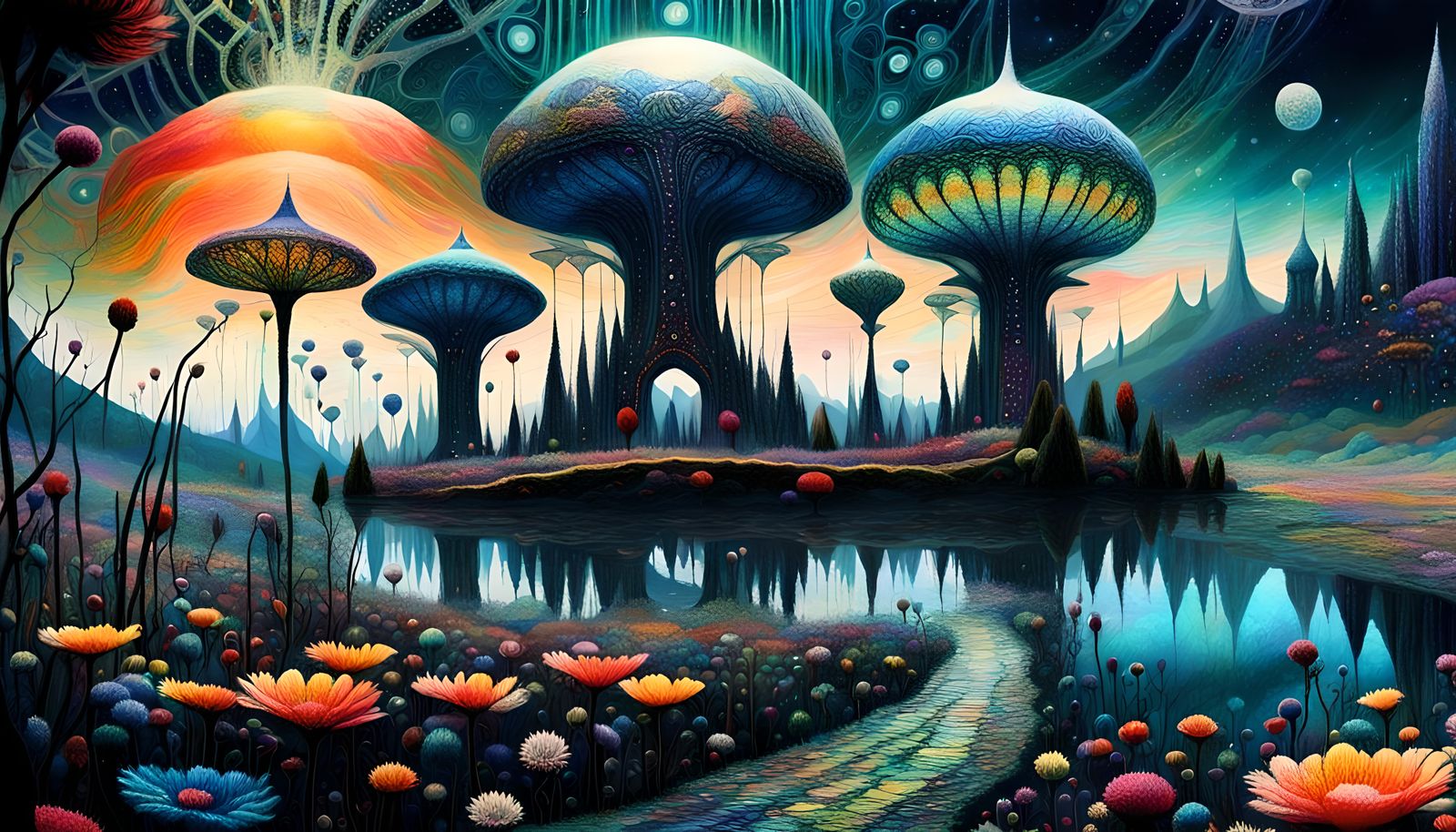 Otherworldly Meadow in Huichol Yarn Style