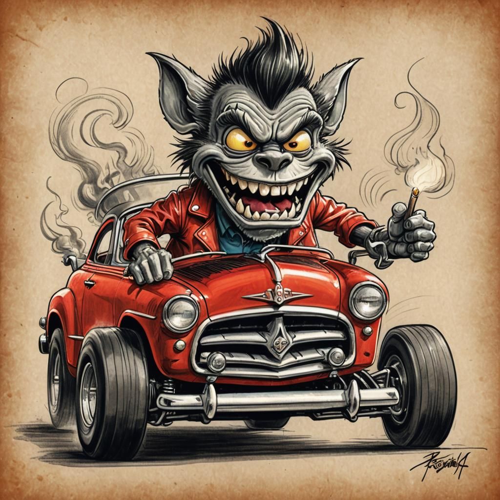 Ratfink Drives a Gasser Car: Pencil Sketch