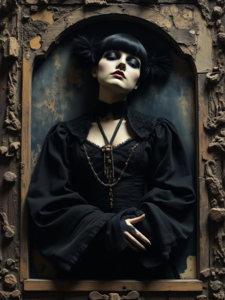 Gothic Girl in Ornate Gilded Frame, Dark Atmosphere
