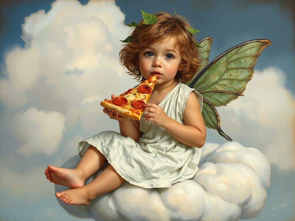 Dryad Fairy Child Enjoys Pizza, Hyperrealistic Oil Painting