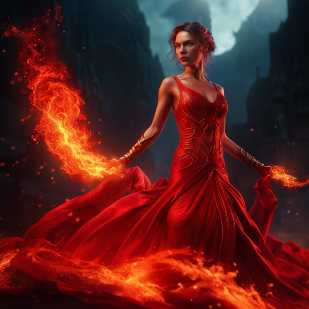 Fire Mage in Red Silk Gown: Fantasy Concept Art
