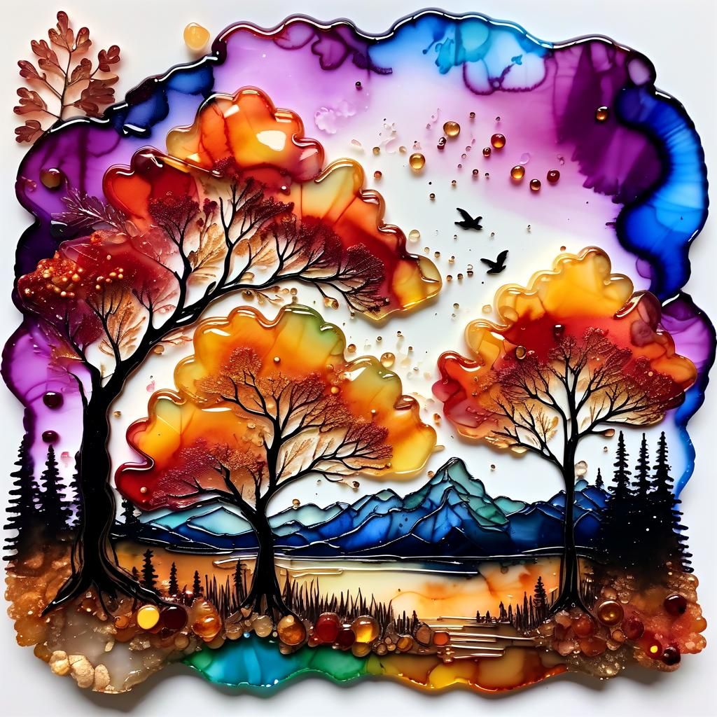 Alcohol Ink Camping Scene in Autumn Colors