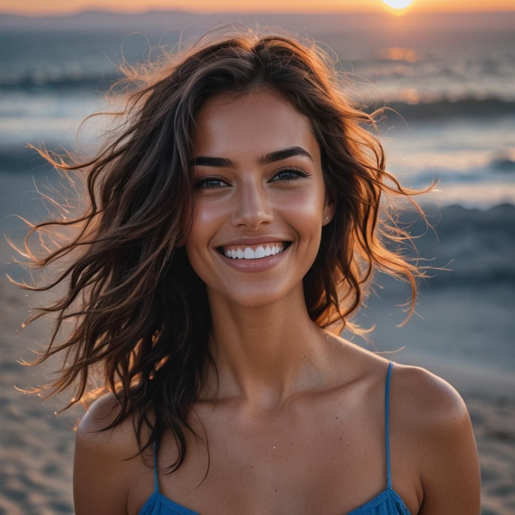 Sensual Brunette with Blue Eyes at Sunset