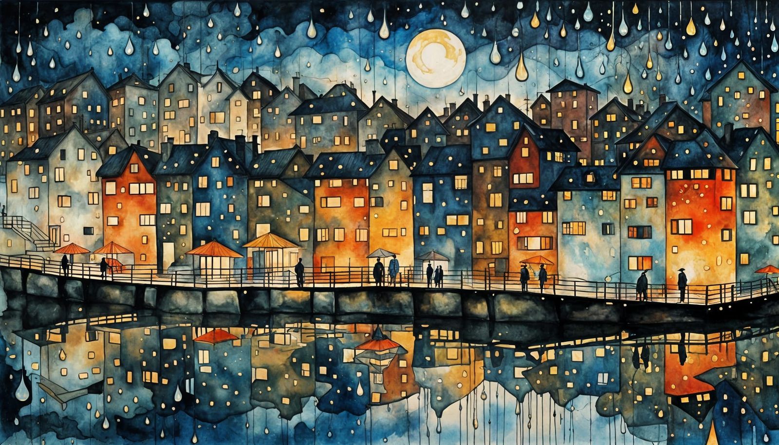 Surreal Blue Hour Cityscape with Liquid Ink Aquarelle Effect...