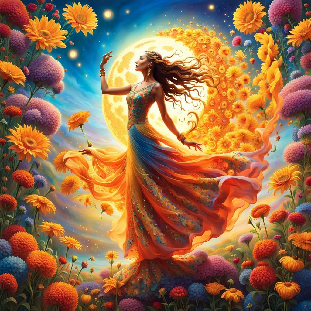 Surreal Woman Dancing Among Sun and Moon Flowers