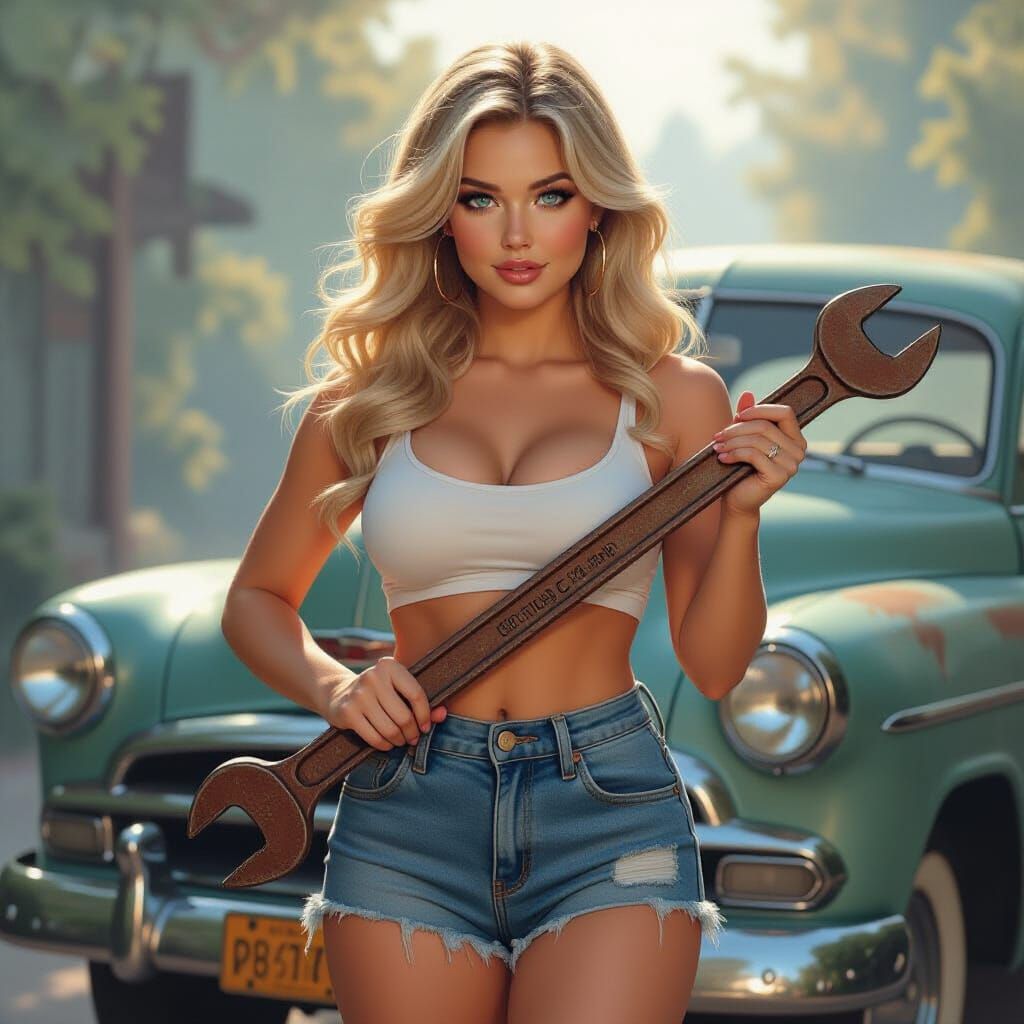 Curvy Acrobat with Wrench by Vintage Car