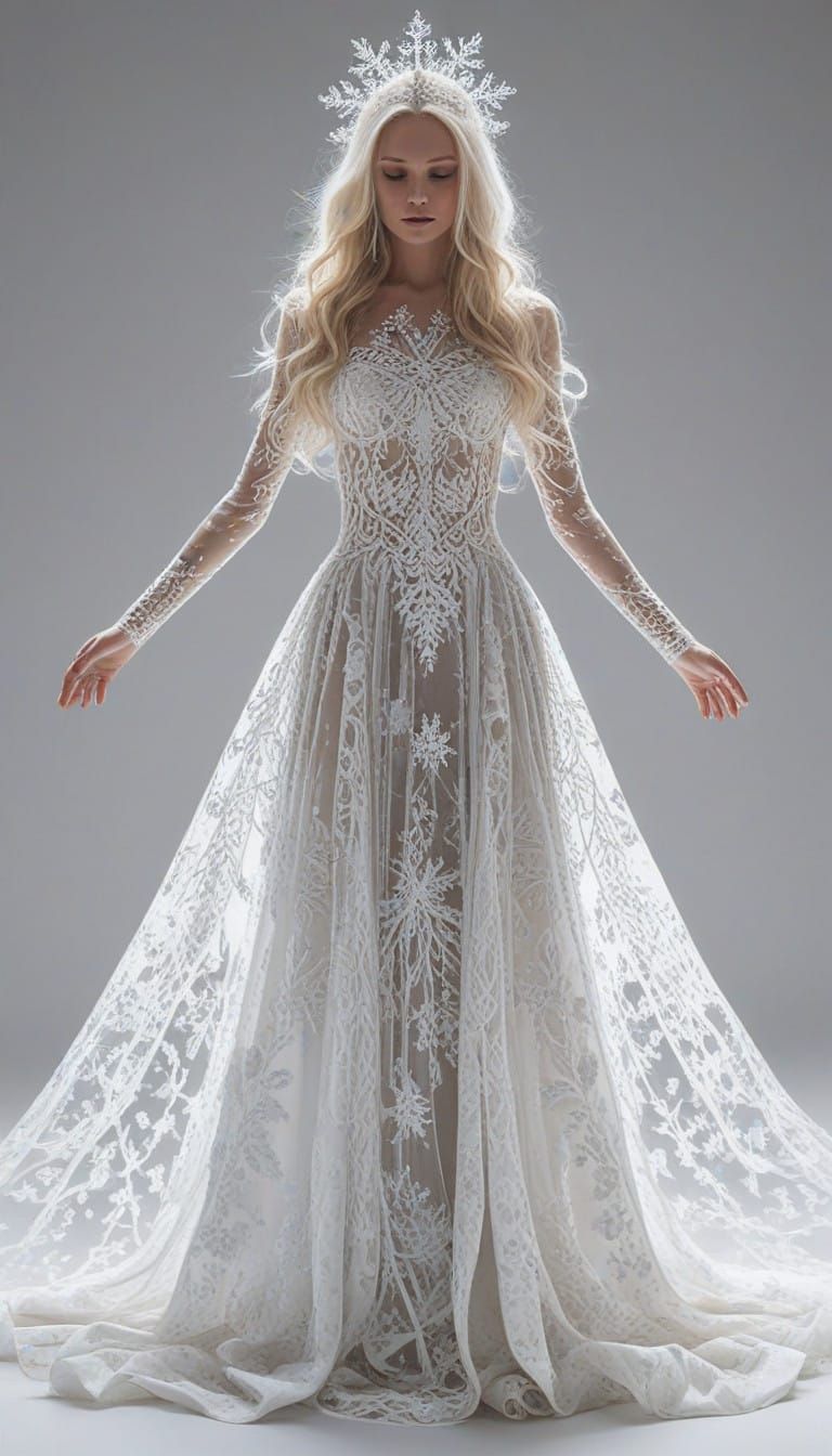 Ethereal Snowflake Goddess in Icy Lace Gown
