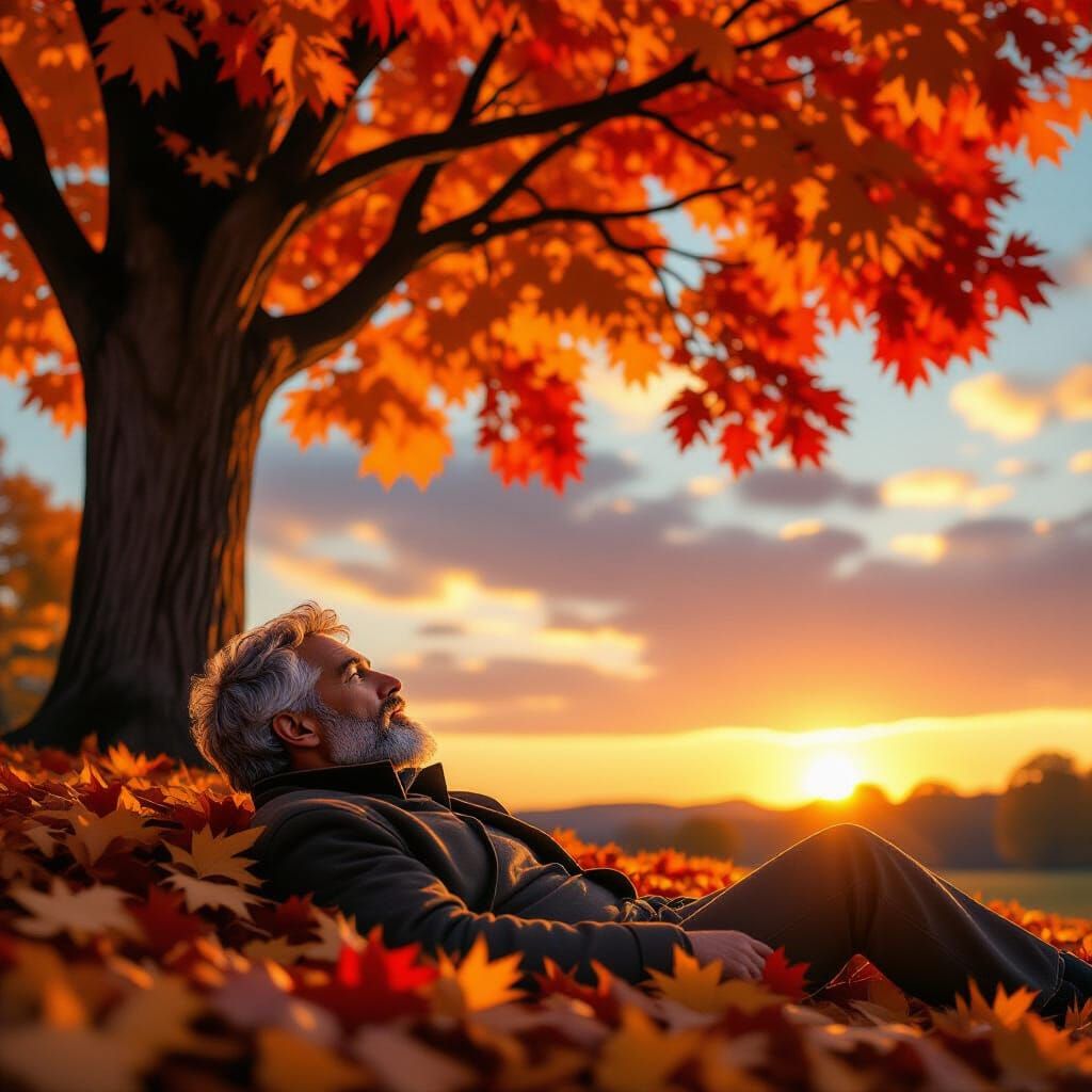 Autumnal Rest: Man in Maple Tree Light, Digital Matte Painti...