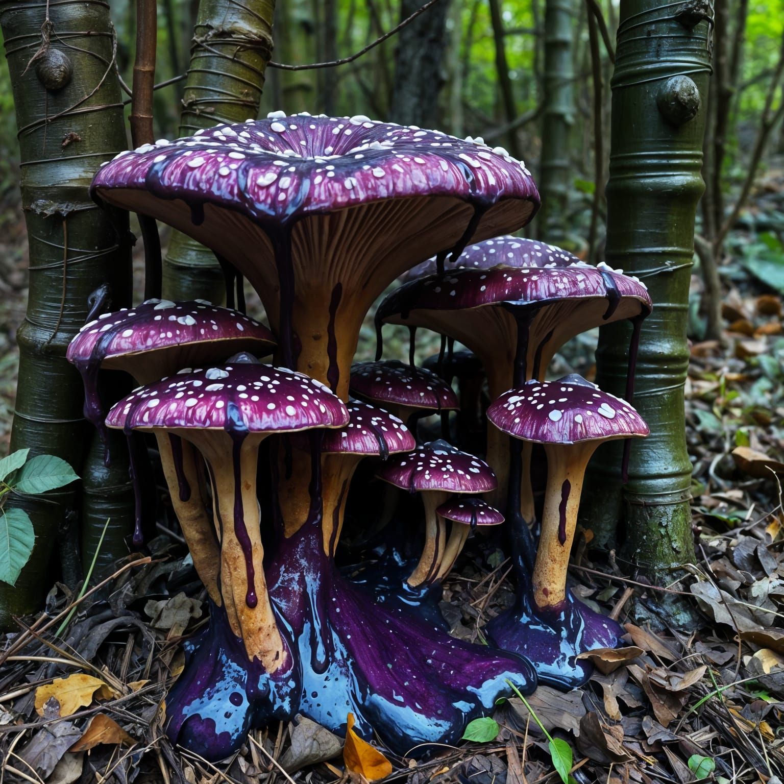 Vibrant Forest of Dripping Paint and Mushrooms in Magical Ga...