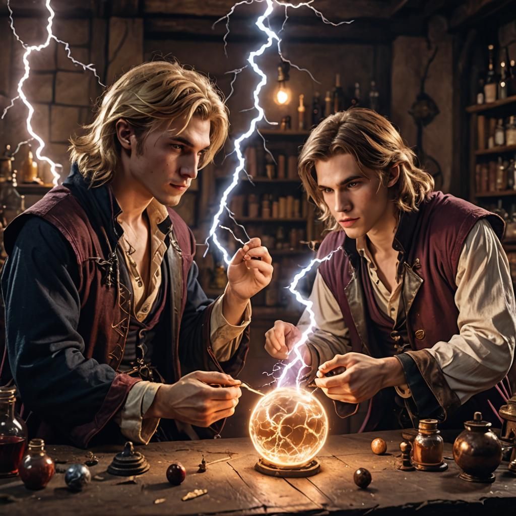 Handsome Sorcerers Creating a Potion with Lightning