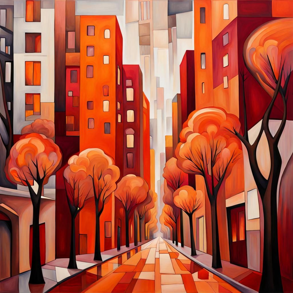 Watercolor Cubist City Streetscape with Fantasy Elements