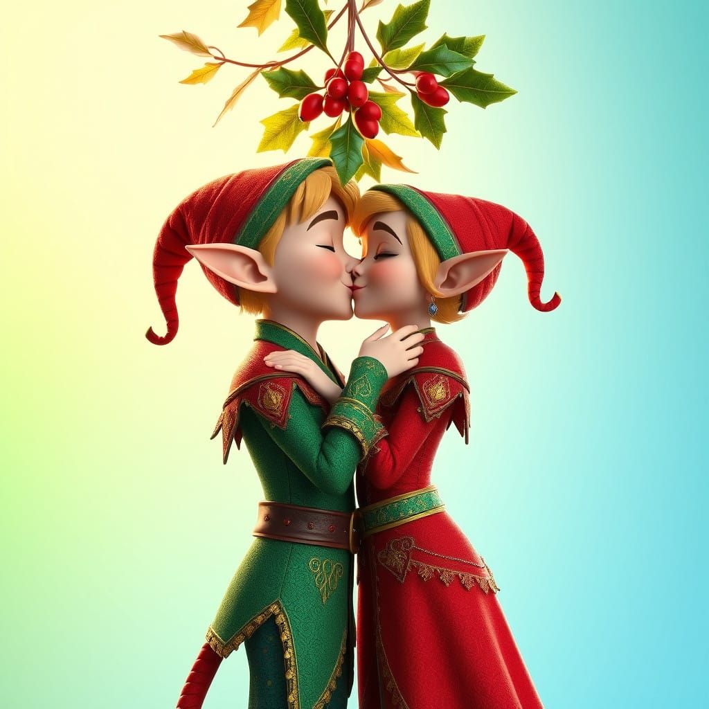 Whimsical Elves Under Mistletoe in Vibrant Digital Art