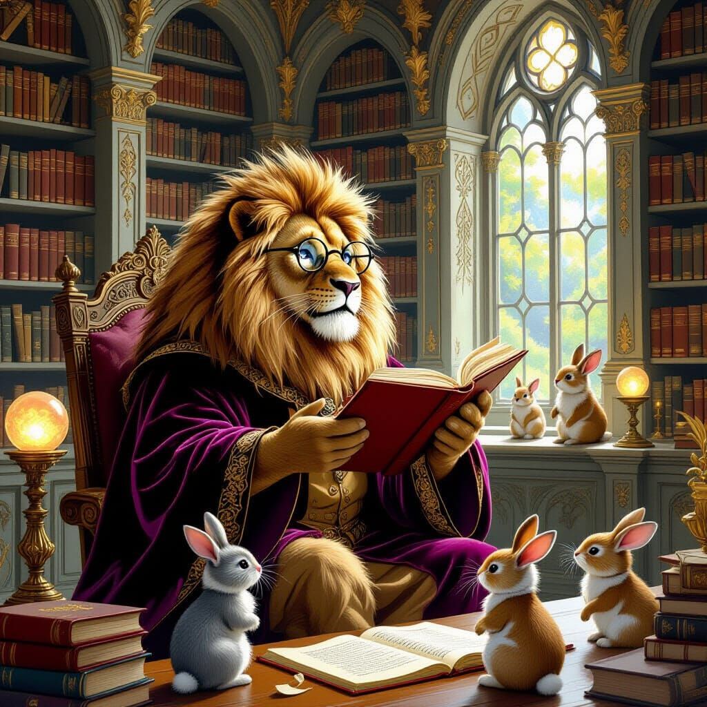 Lion Professor Lectures Woodland Creatures in Library