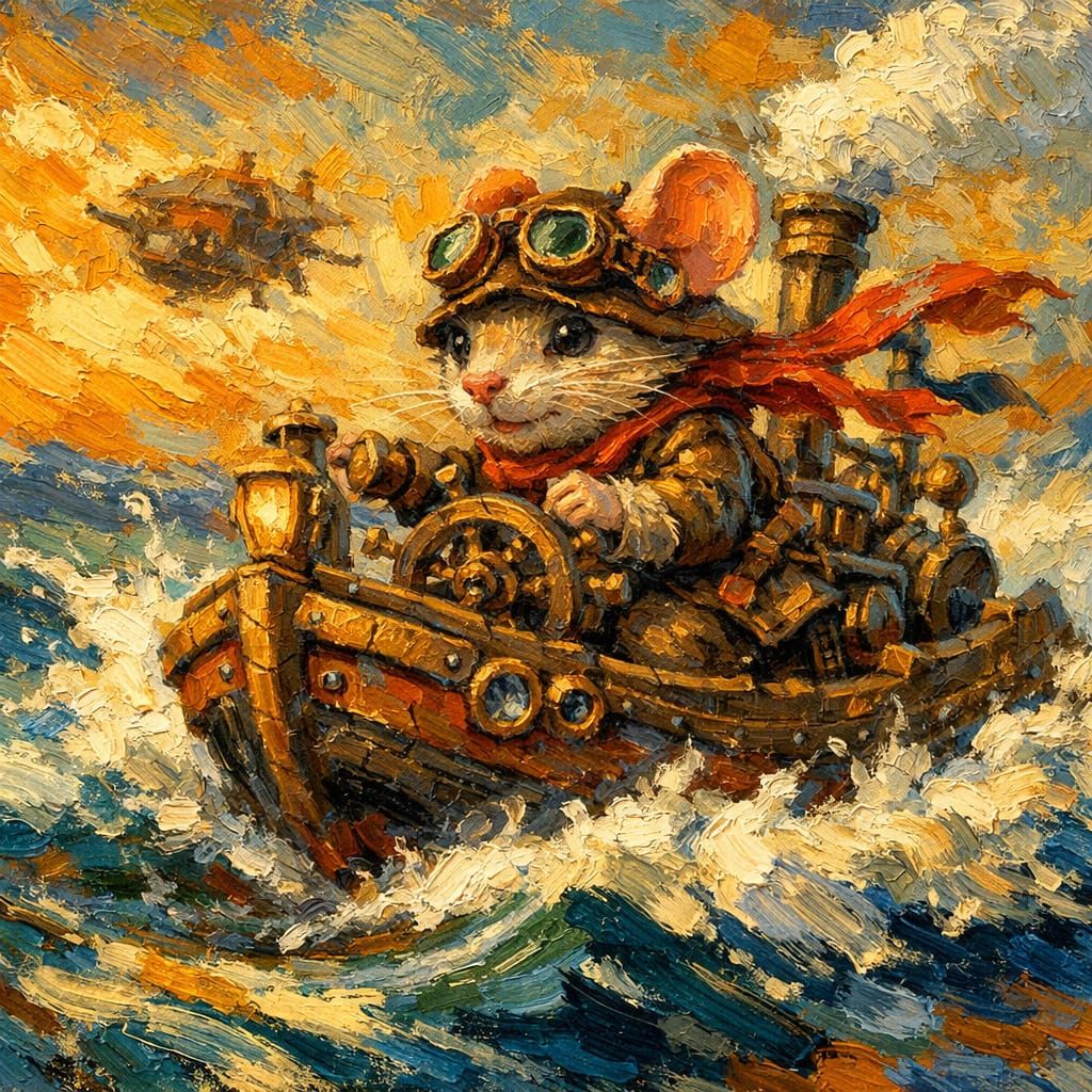 Steampunk Mouse in Action on Small Boat, Impasto Style
