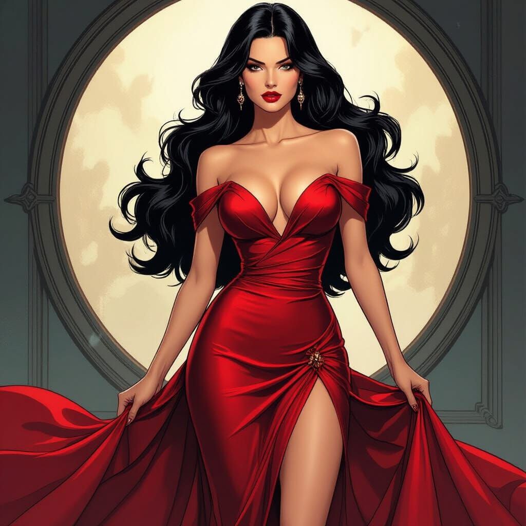 Elegant Brunette Femme Fatale in Comic Book Style