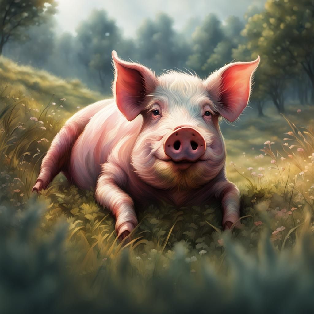 Cute Pig in Grass: Watercolor Fantasy Art