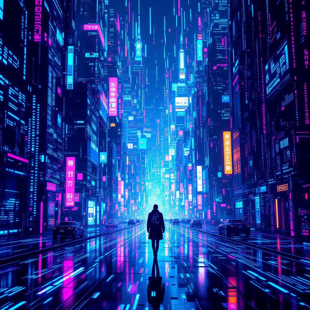 Cyberpunk Cityscape of Binary Code and Holographic Data