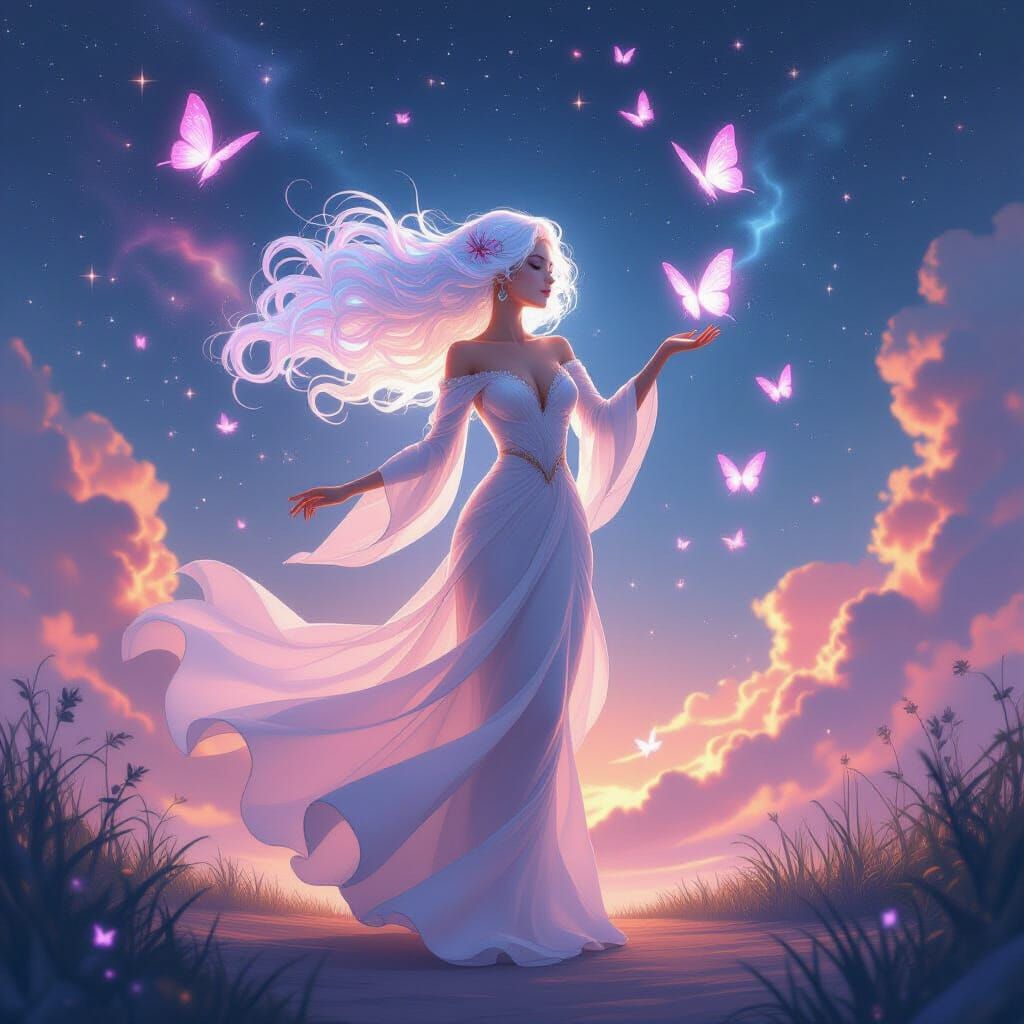 Ethereal Woman Dancing with Celestial Butterflies in Cosmic ...
