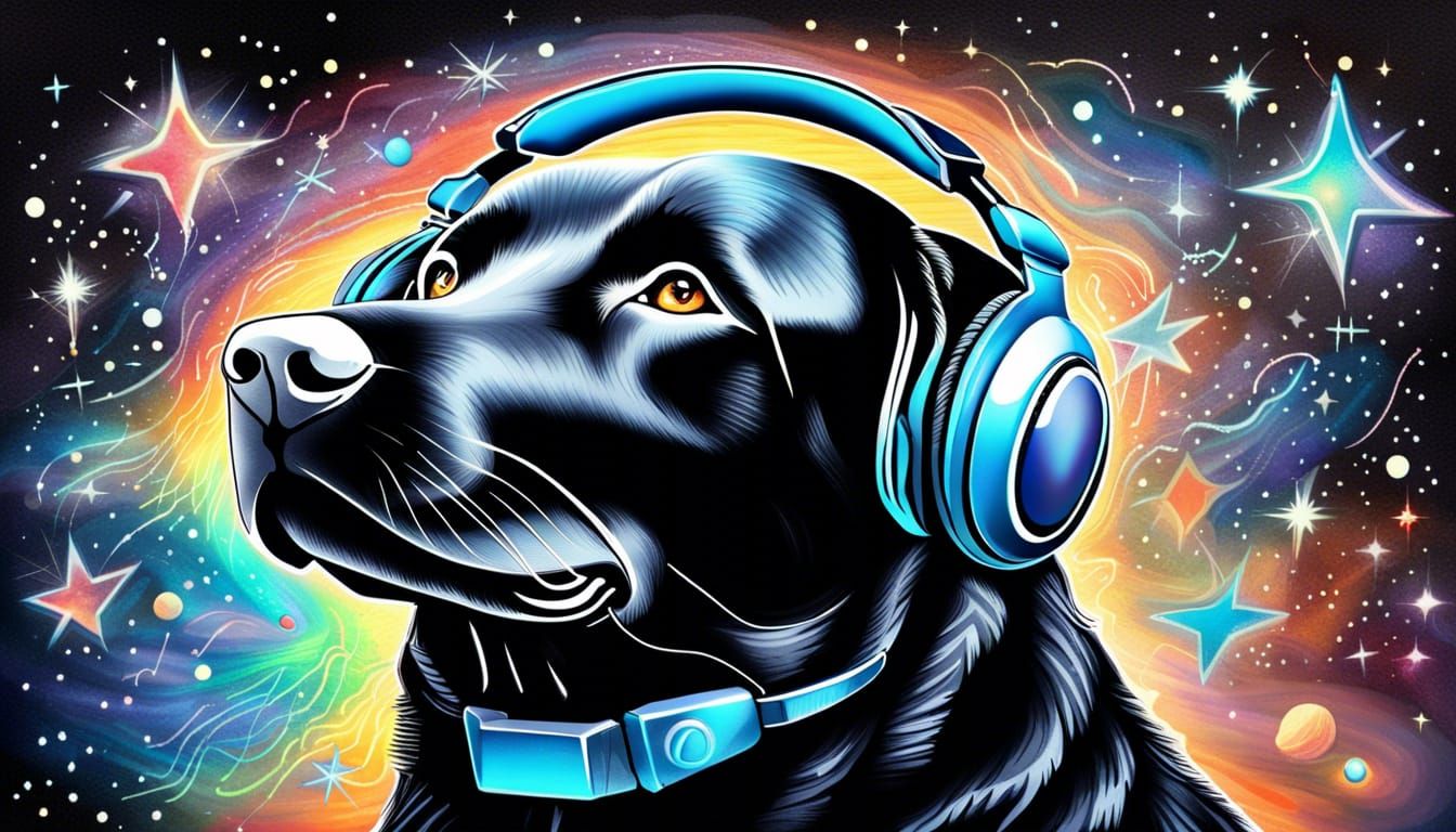 Labrador Dog Listening to Music in Space