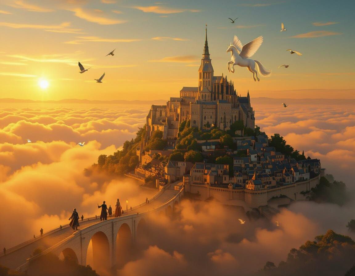 Aasimar Castle with Pegasus in Fantasy Art Style