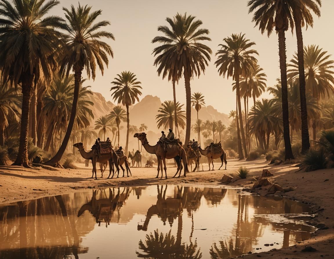 Desert Oasis Film Still with Nomads and Camels