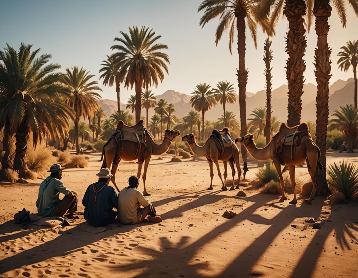 Nomads at a Desert Oasis in Cinematic Style