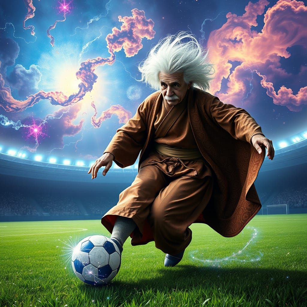 Einstein Embodies Cosmic Wonder on Dreamlike Football Pitch