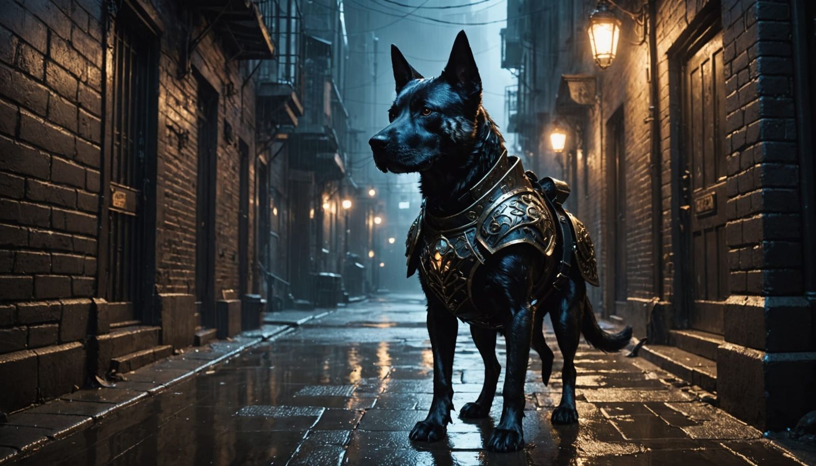 Anthropomorphic Dog Guardian at Glowing Portal Entrance