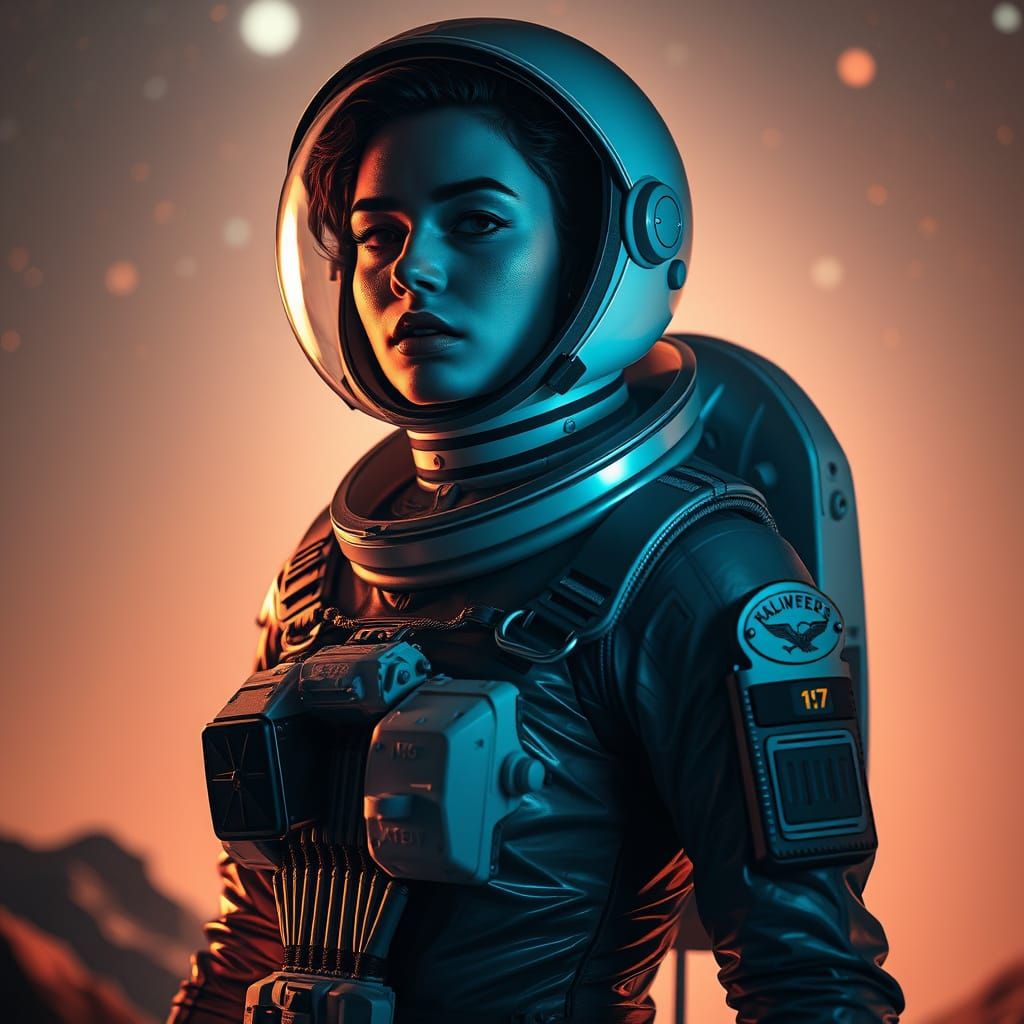Woman in Latex Space Suit in Celestial Environment