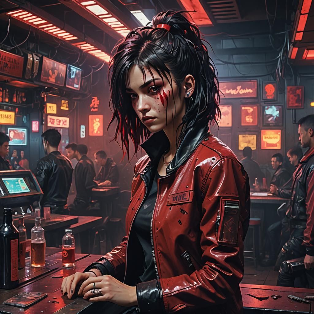 Cyberpunk Bar Scene with Metalhead and Woman