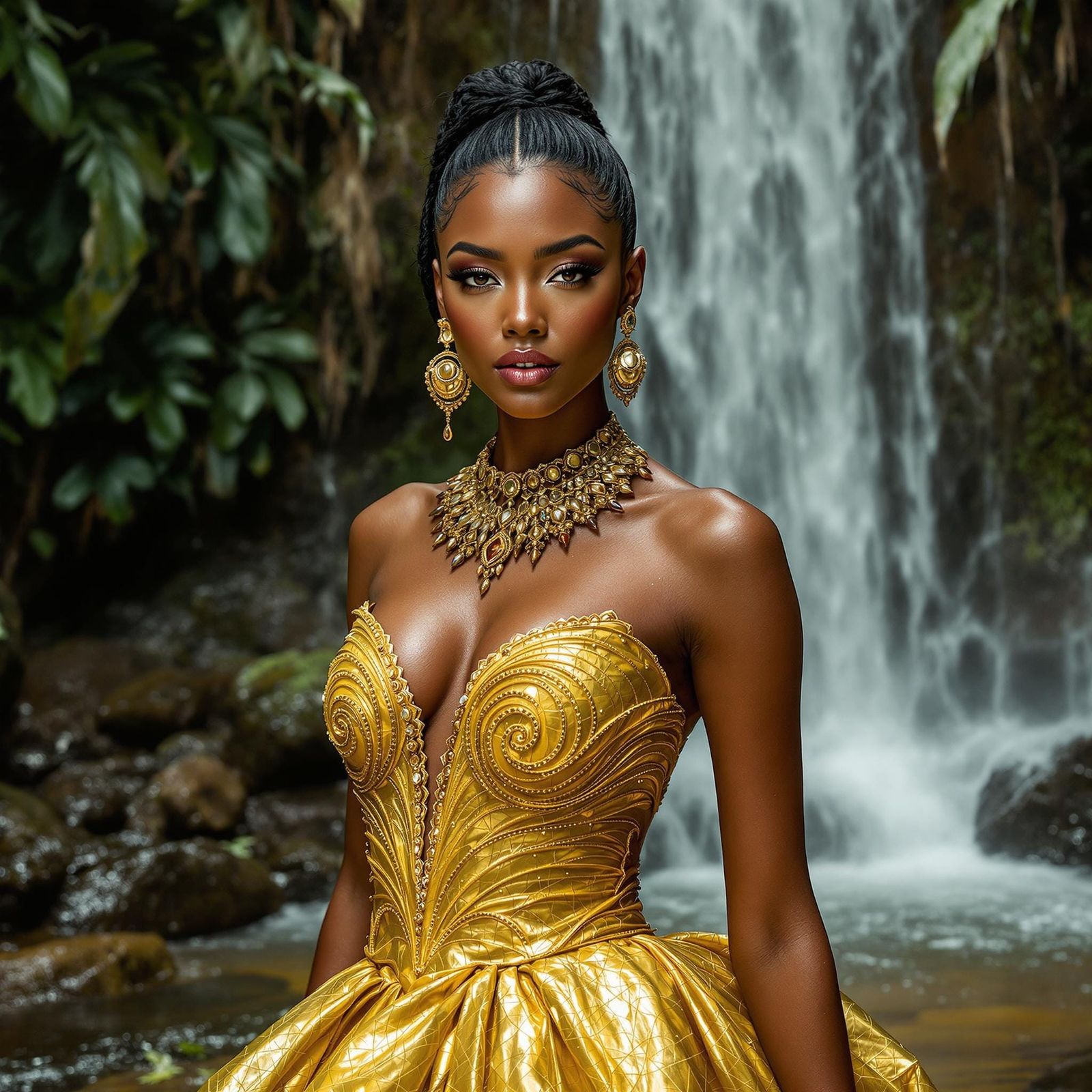 Vibrant Golden Goddess at Tropical Waterfall