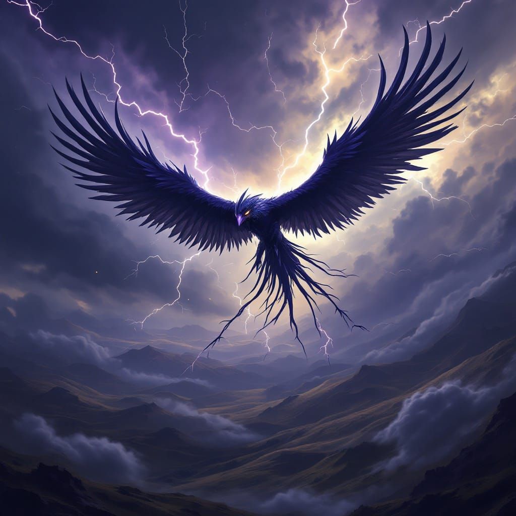 Majestic Dark Fantasy Thunderbird Soars Through Turbulent Sk...