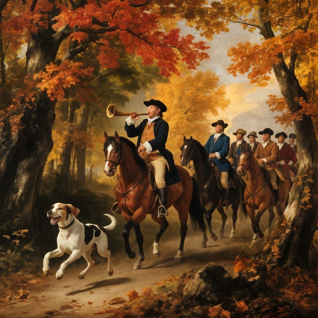 18th Century Hunting Party at Dawn in Autumn Woods