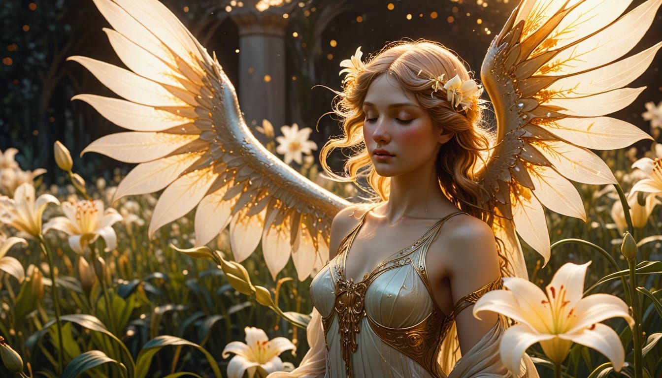 Angelic Figure in Lily Field, Art Nouveau Style