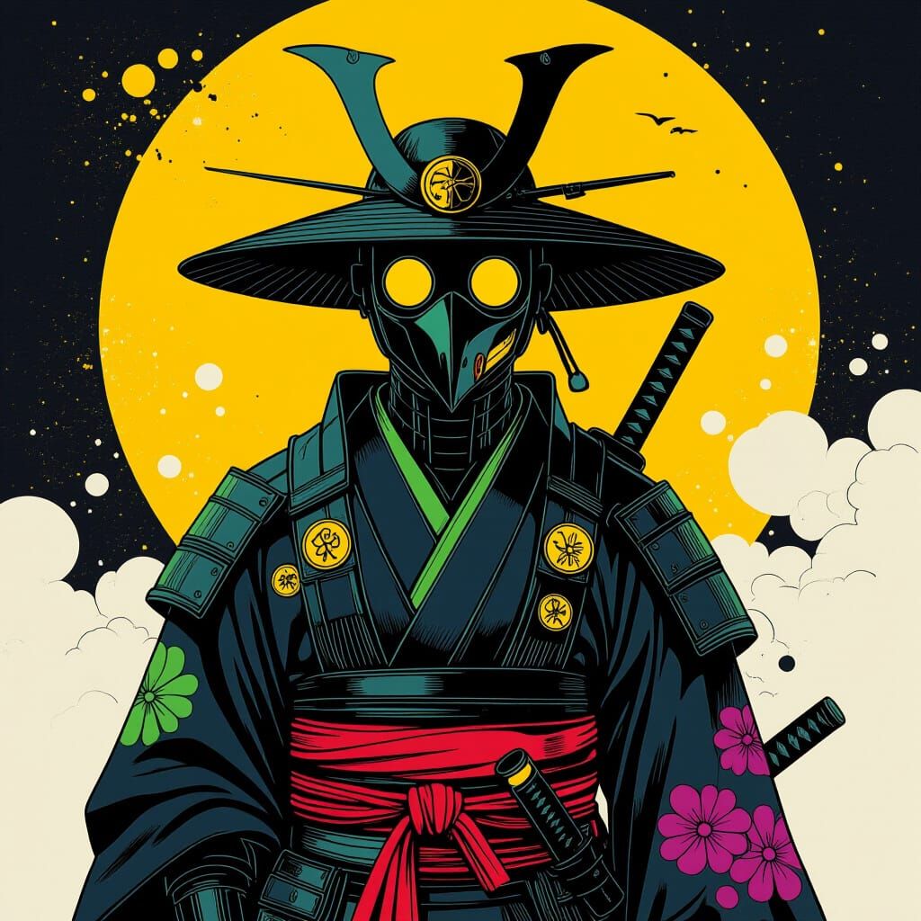Cyborg Samurai Geisha Plague Doctor in Vibrant Digital Art