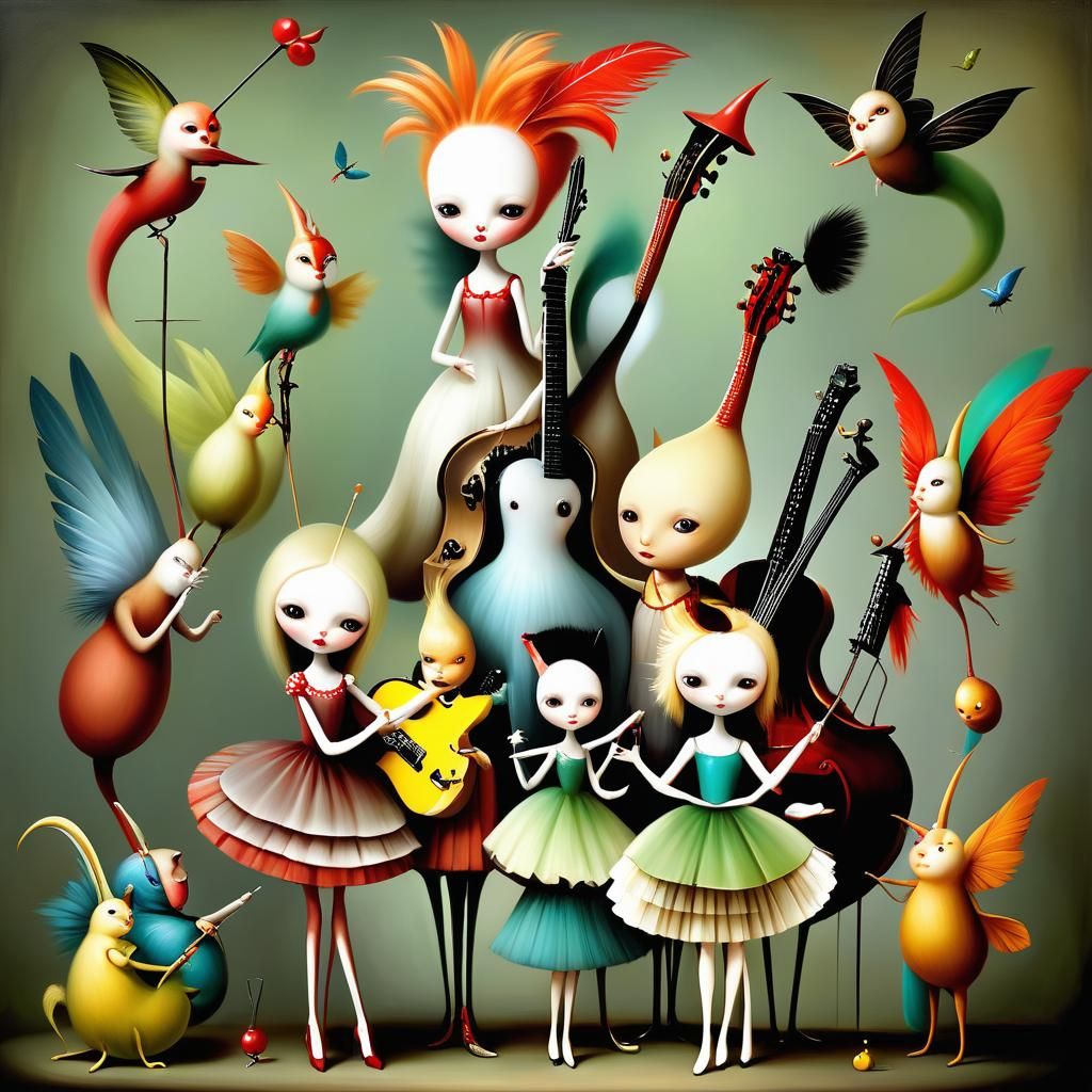 Whimsical Creatures Play Instruments in Surreal Painting