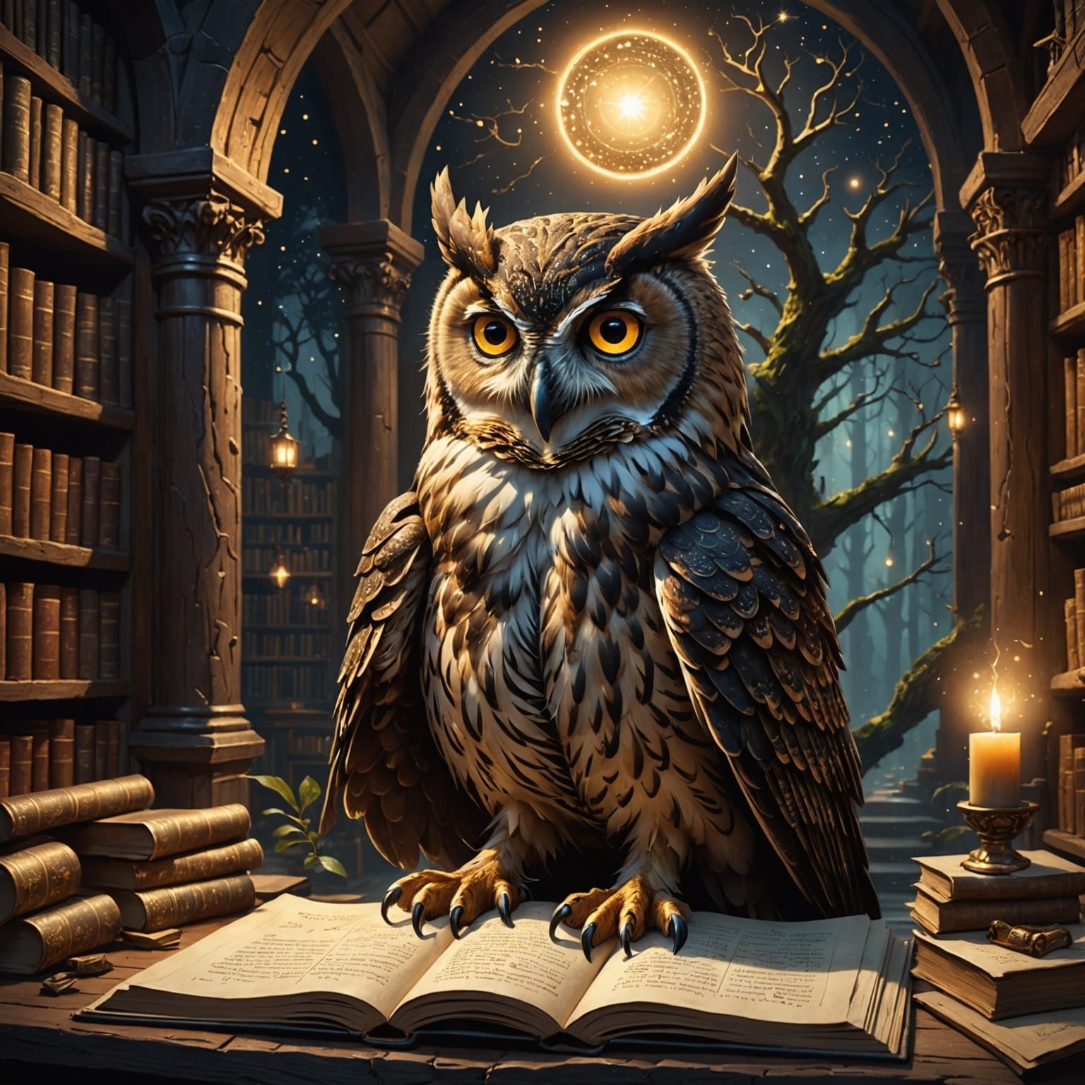 Wise Owl Scholar in Ancient Tree Library