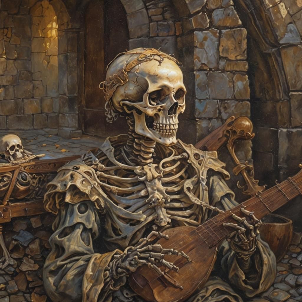 Skeleton Lute Player: Renaissance Oil Painting