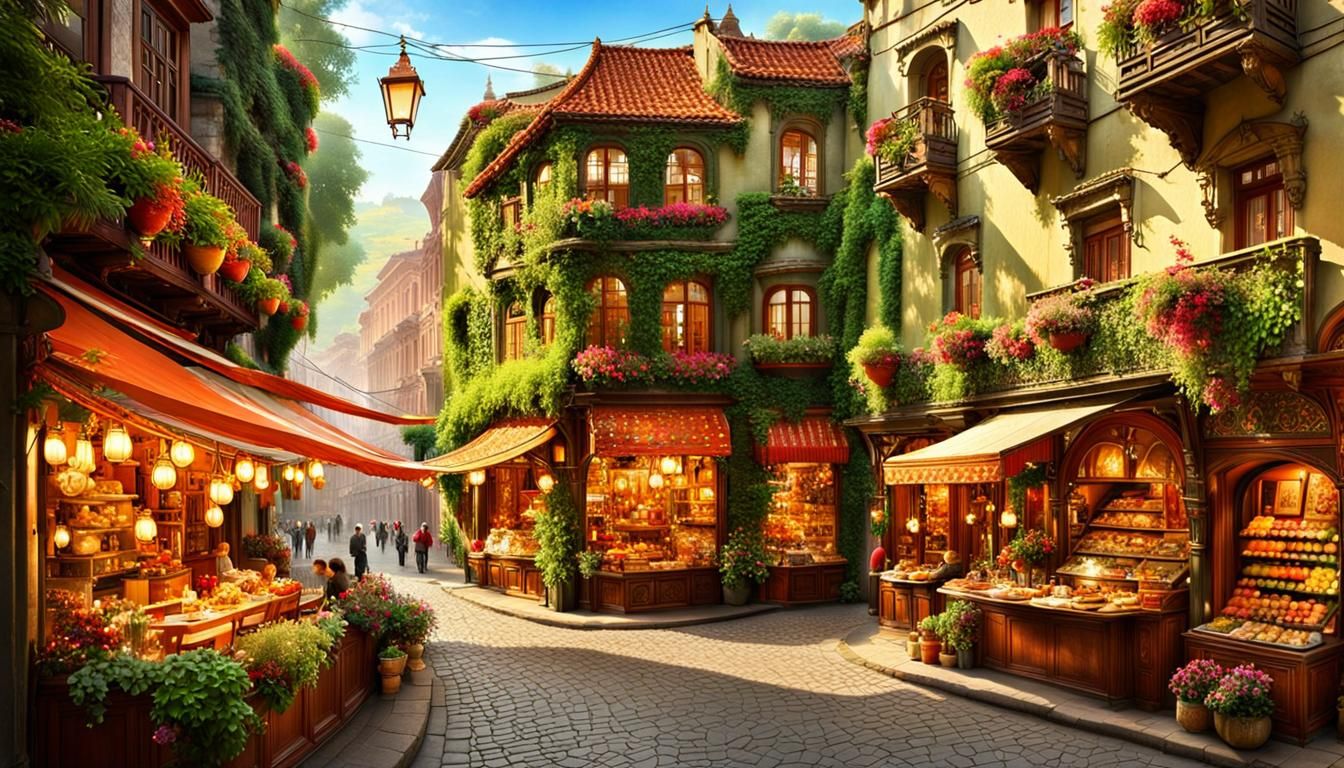 Lively Street Scene in Art Nouveau Style